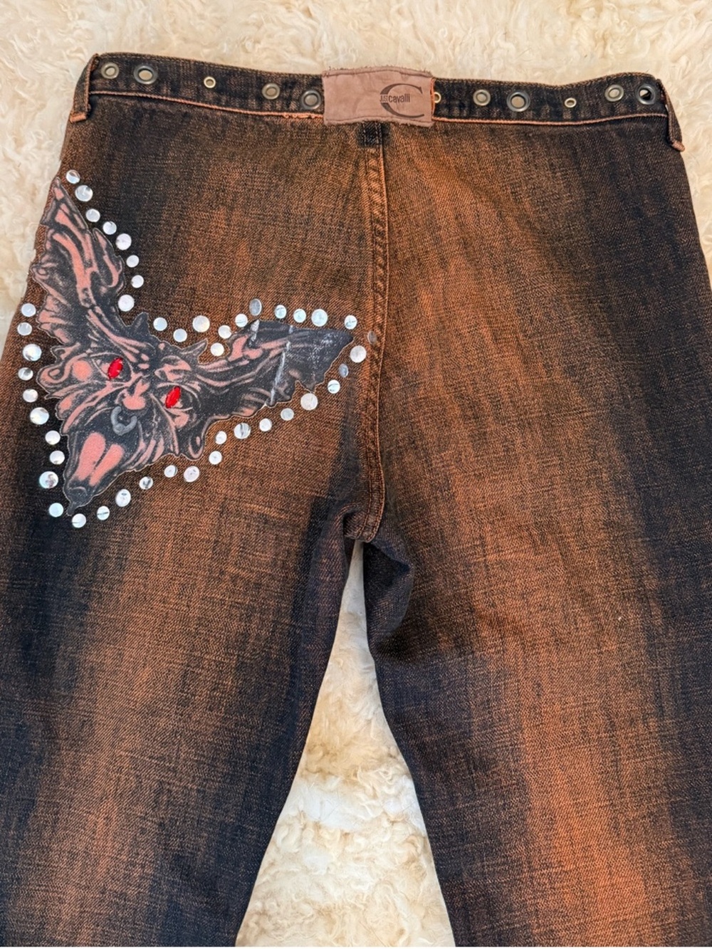 RARE 🔥 Just Cavalli 2003 Low Rise Bat Acid Wash Jeans